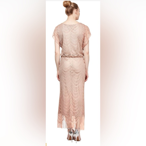 NWOT S.L. Fashions Women's Metallic Crochet Dress with Fringe Hemline. Size 8 - Picture 3 of 11